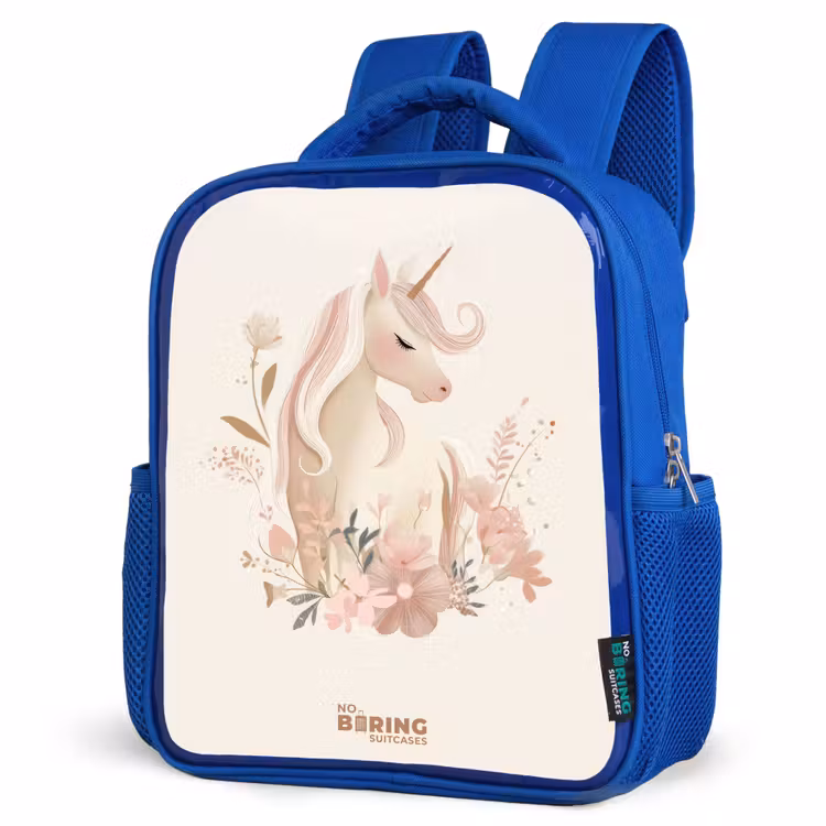 Kids backpack - Blue - Unicorn among flowers in pink pastel colors — 3