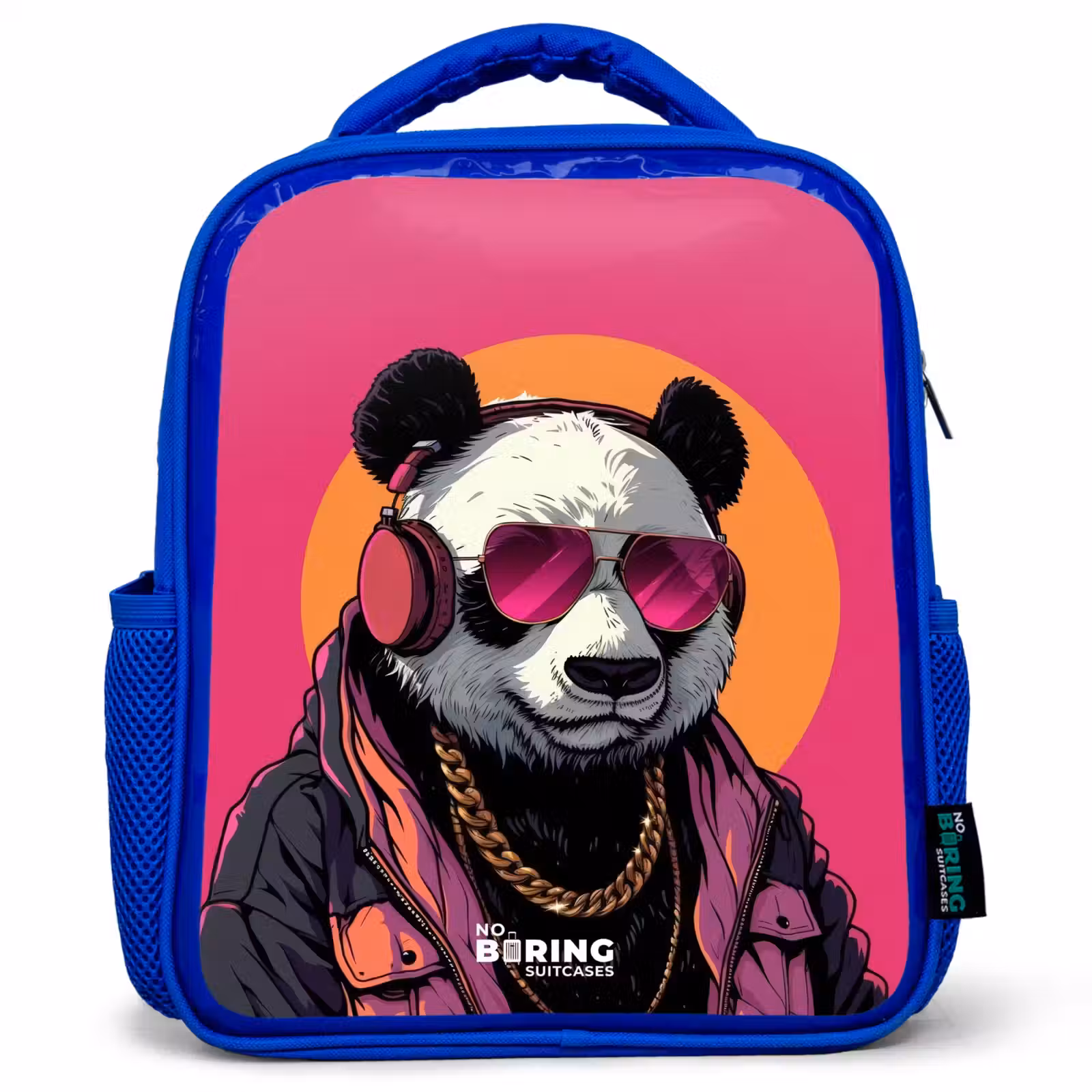 Kids backpack - Blue - Panda with Headphones, Sunglasses and Gold Chain — 1