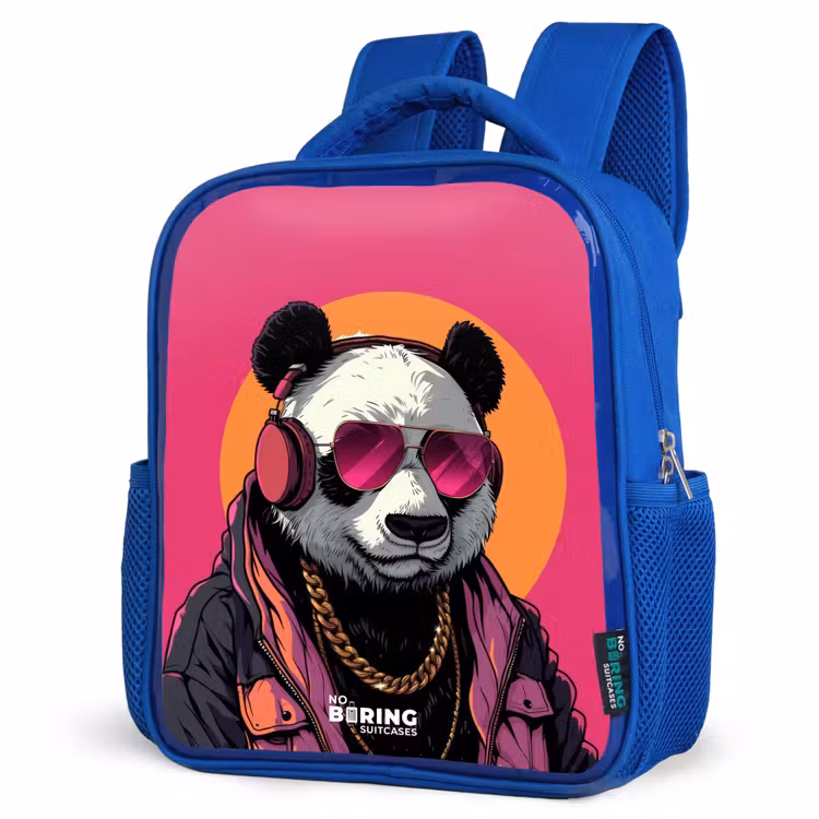 Kids backpack - Blue - Panda with Headphones, Sunglasses and Gold Chain — 3