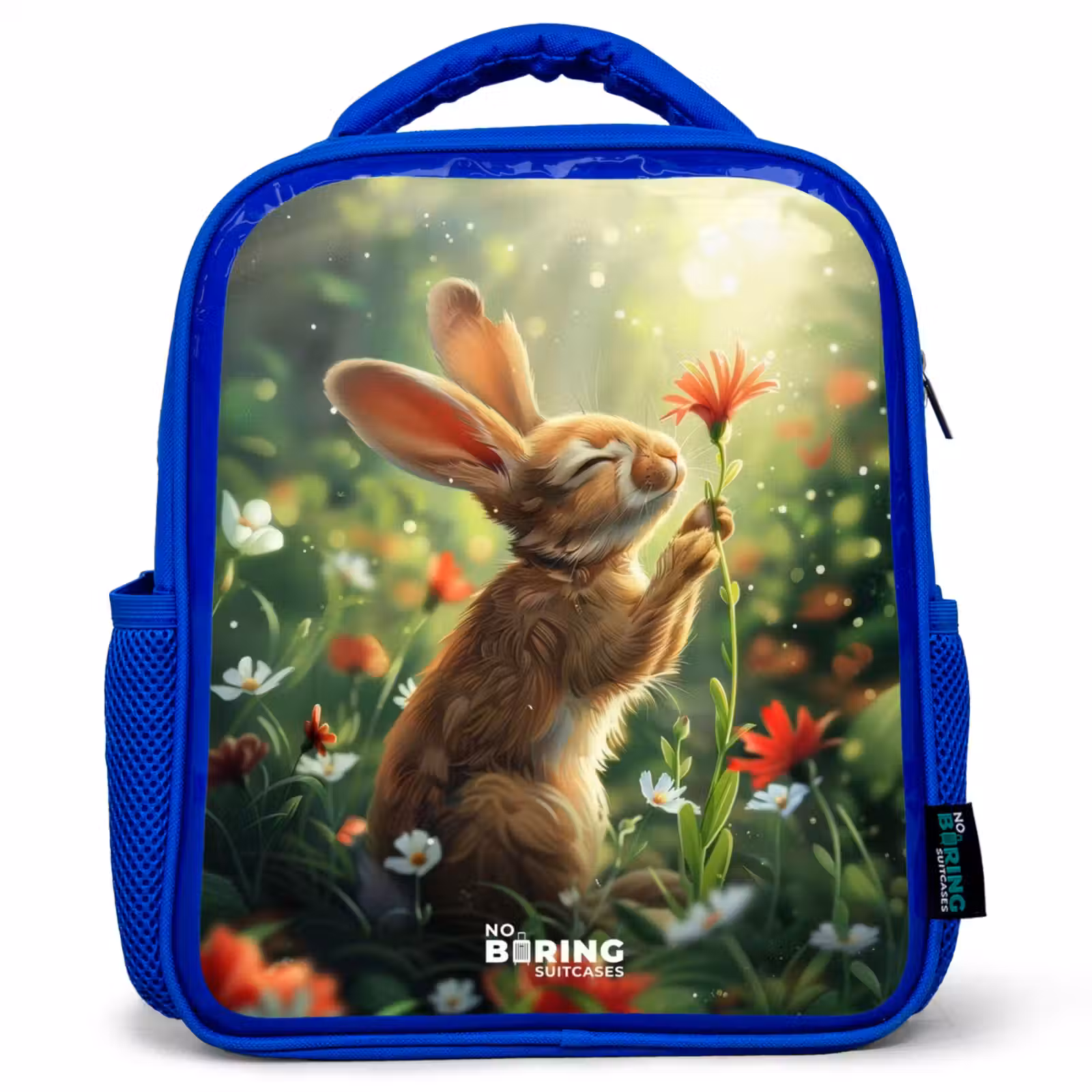 Kids backpack - Blue - Side view of a rabbit with red flower — 1