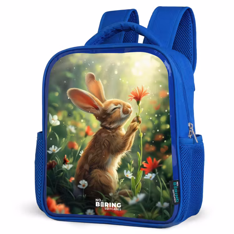 Kids backpack - Blue - Side view of a rabbit with red flower — 3