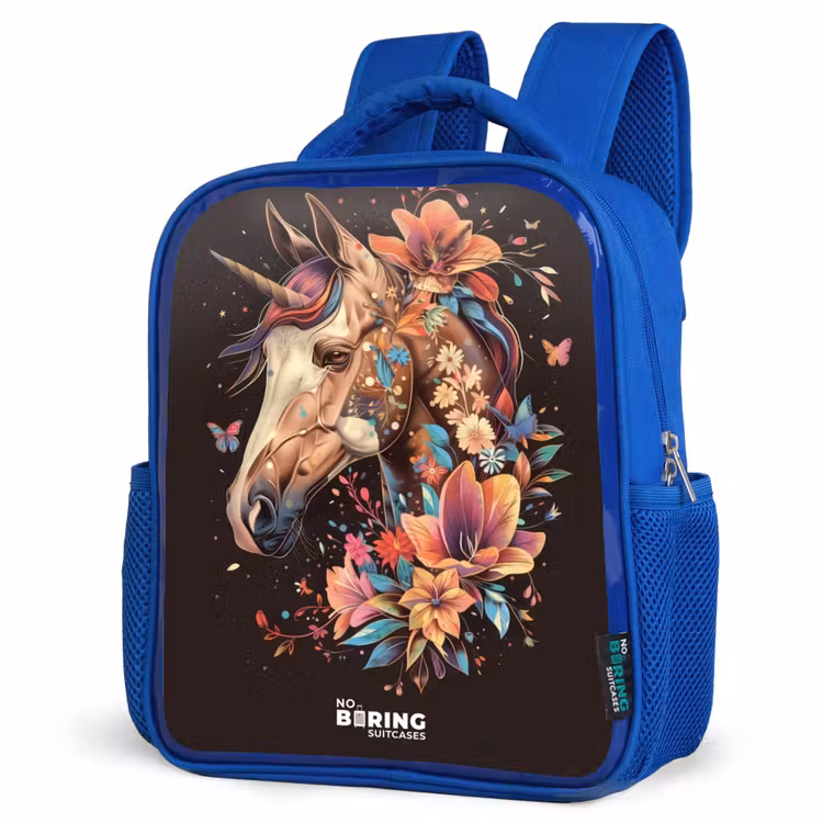 Kids backpack - Blue - Unicorn and Flowers on Black Background — 3