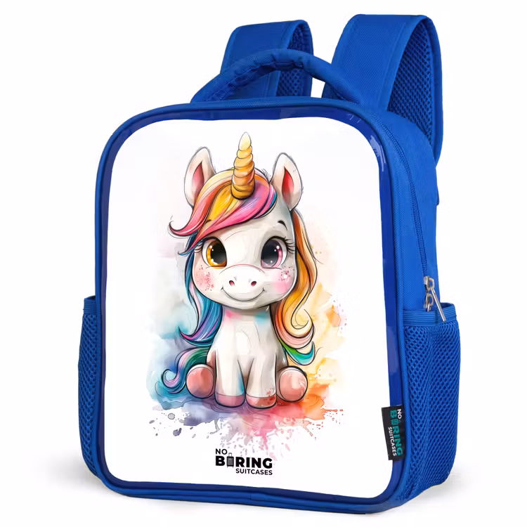 Kids backpack - Blue - White Eemhorn with Colorful Mane and Paint Splashes — 3