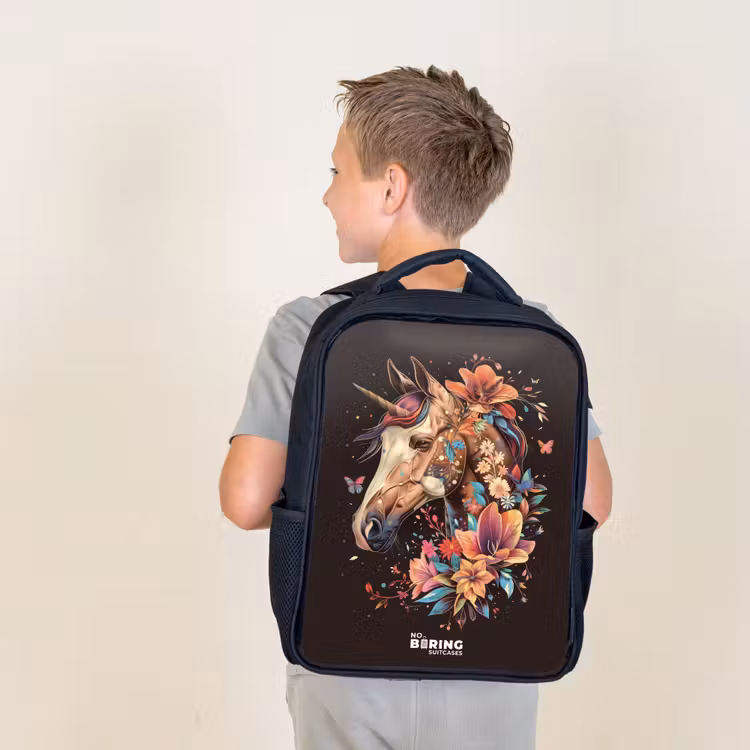 Kids backpack - Unicorn and Flowers on Black Background — 2