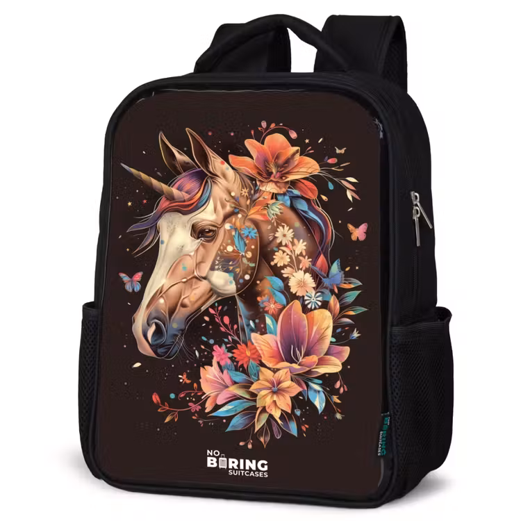 Kids backpack - Unicorn and Flowers on Black Background — 4