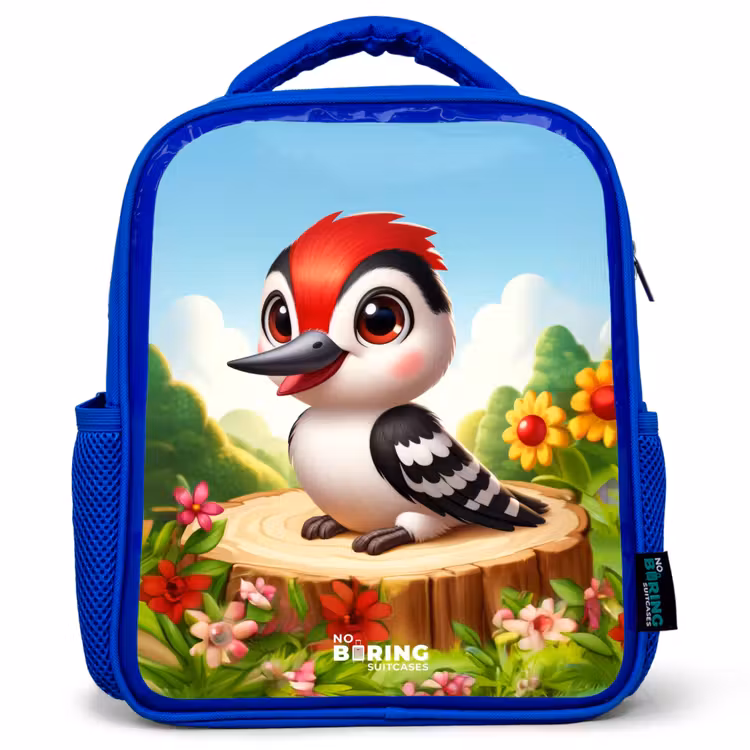 Kids backpack - Blue - Woodpecker on and tree stump — 1