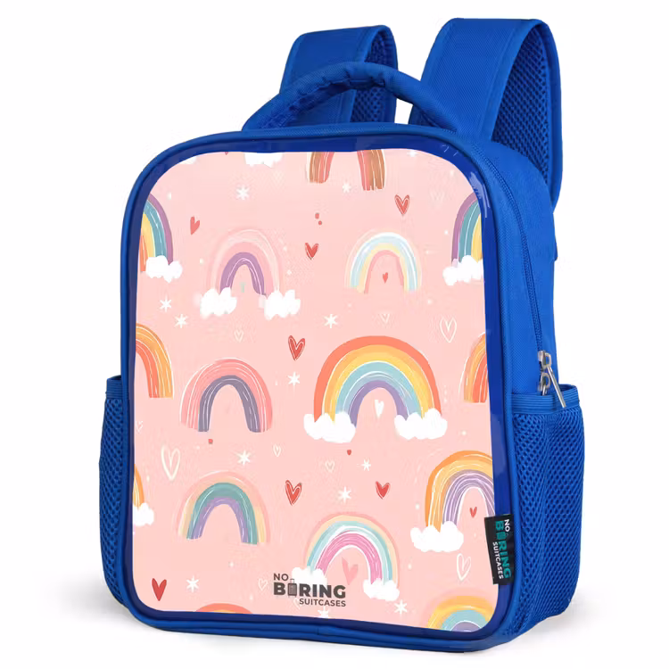 Kids backpack - Blue - Rainbows on a pink background — 3