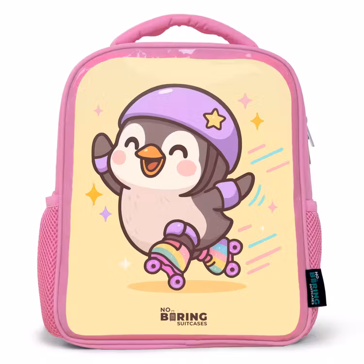 Kids backpack - Pink - Kawai - Penguin - Roller skates — 1