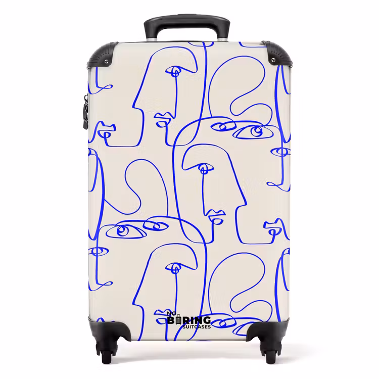 Suitcase - Faces in blue line on beige background — 1