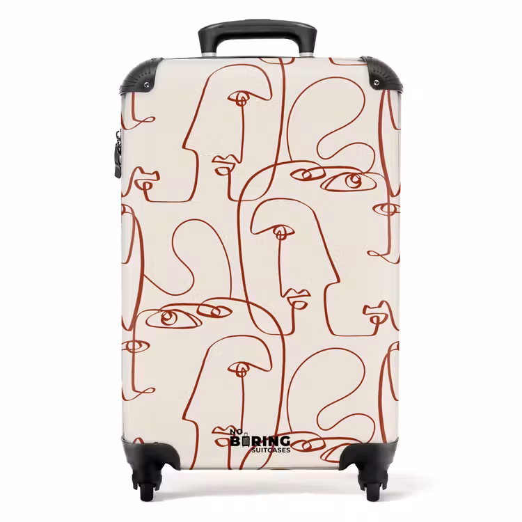 Suitcase - Faces in dark red line on beige background — 1