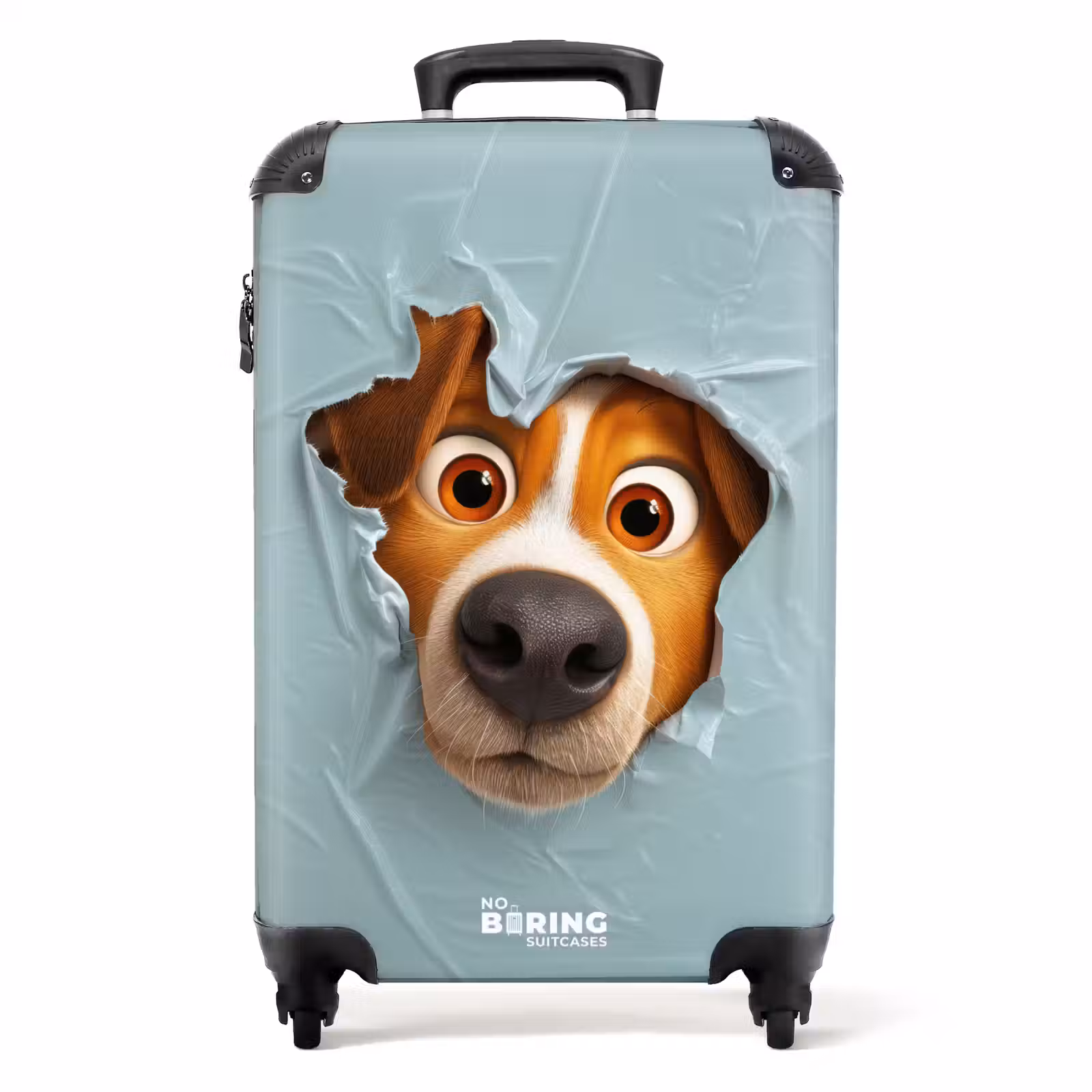 Suitcase - Brown dog through torn blue plastic — 1