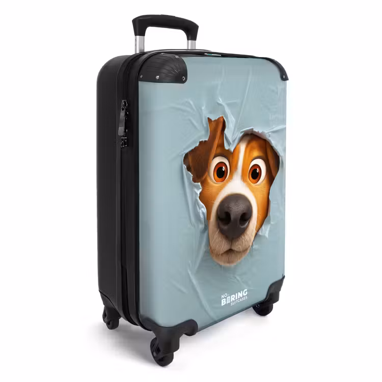 Suitcase - Brown dog through torn blue plastic — 2