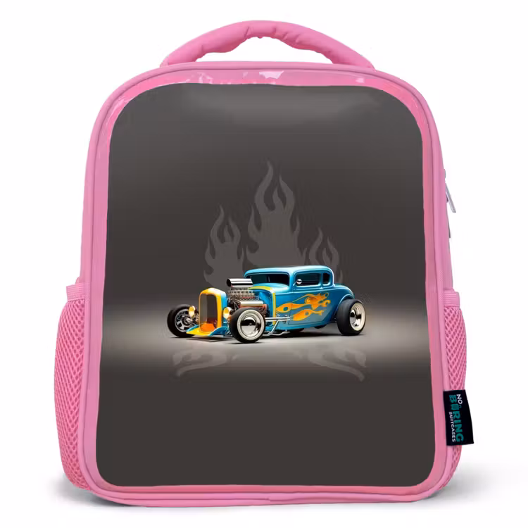 Kids backpack - Pink - Blue car with gray flames — 1