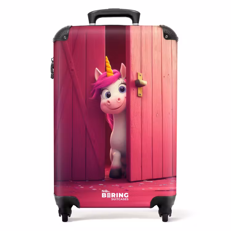 Suitcase - Unicorn with pink mane behind pink door — 1