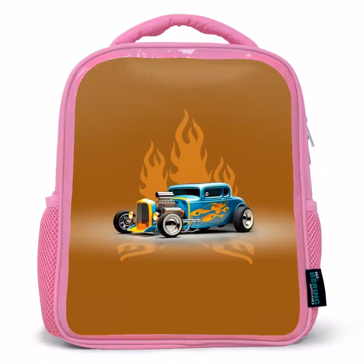 Kids backpack - Pink - Blue car with yellow flames — 1
