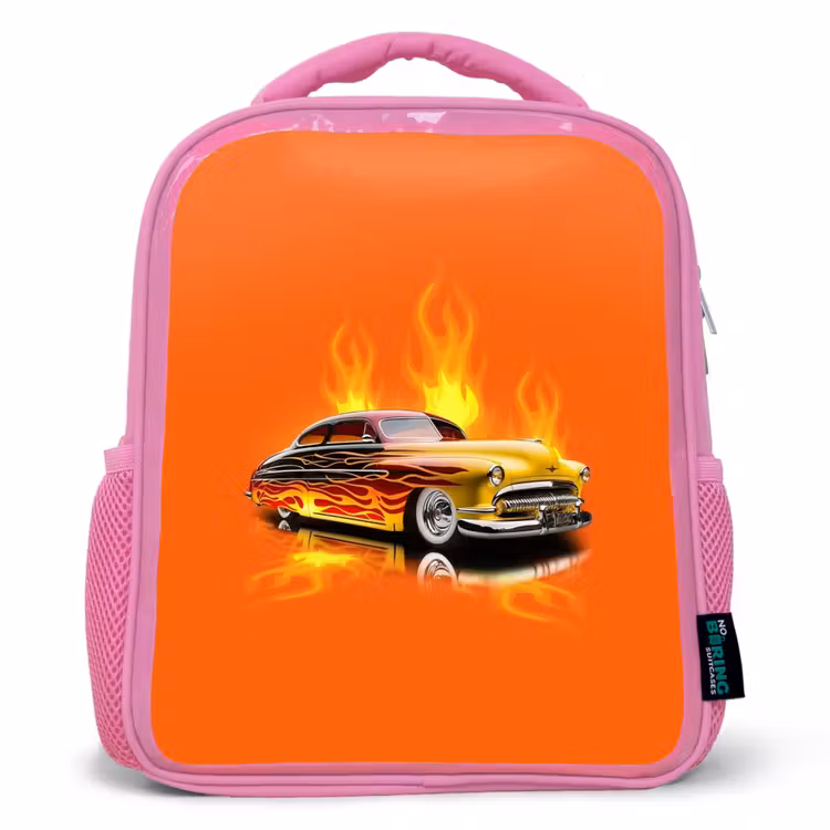 Kids backpack - Pink - Yellow car with yellow flames — 1