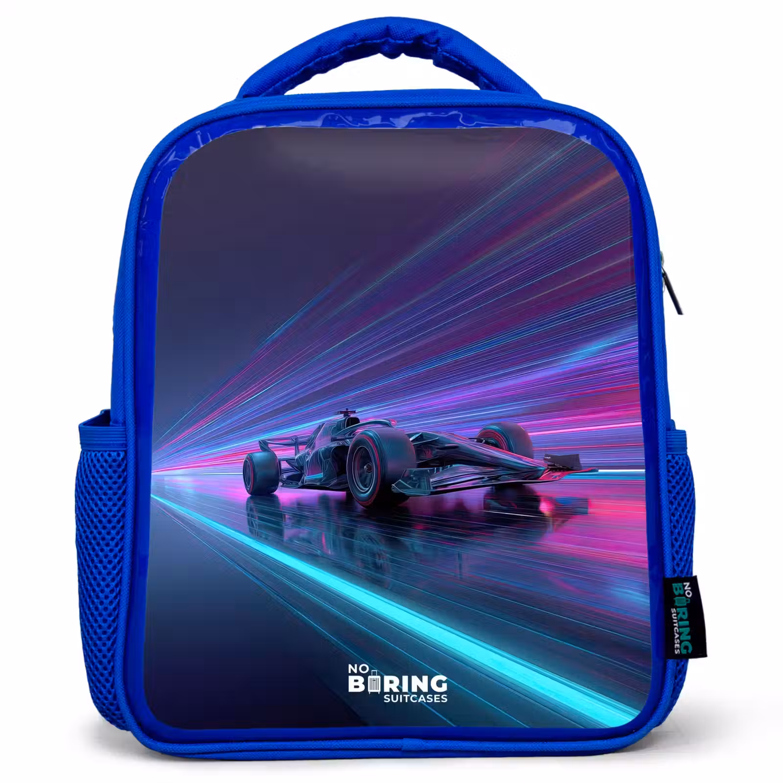 Kids backpack - Blue - Neon - Race car - Light stripes - Purple — 1