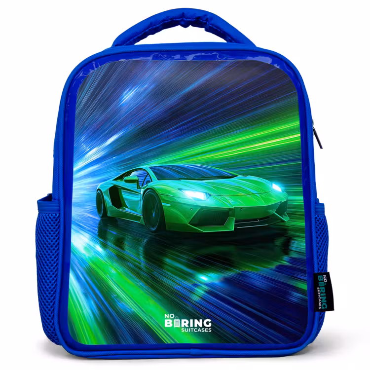 Kids backpack - Blue - Race car - Bright green - Beams of light - Speed — 1