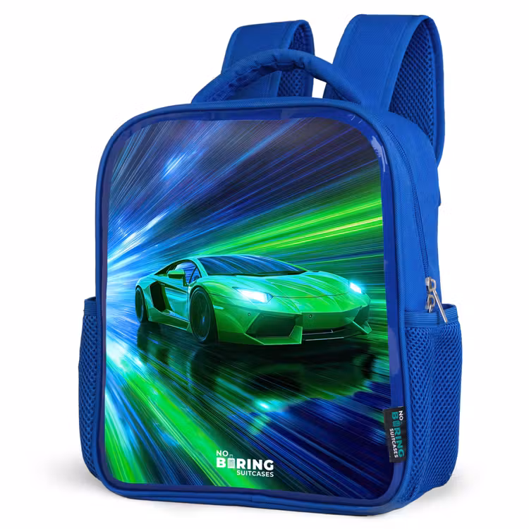 Kids backpack - Blue - Race car - Bright green - Beams of light - Speed — 3
