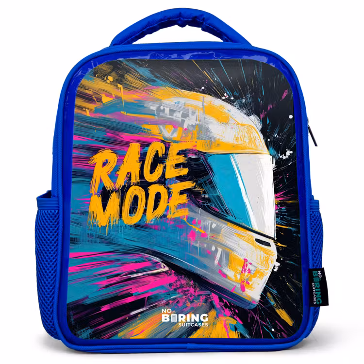 Kids backpack - Blue - Racing helmet - Paint splashes - Brush strokes - Racing fashion — 1