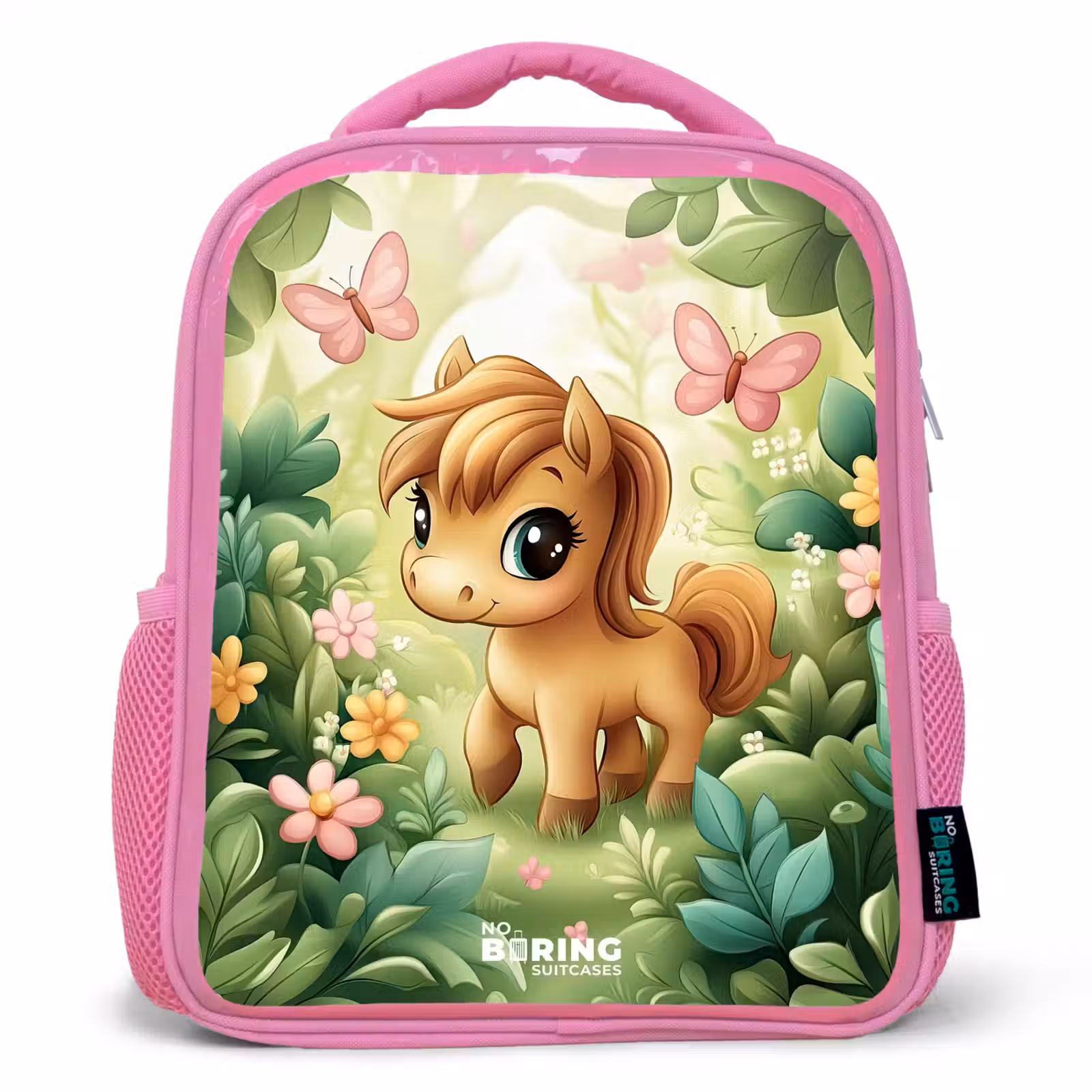 Kids backpack - Pink - Horse - Flowers - Butterflies — 1