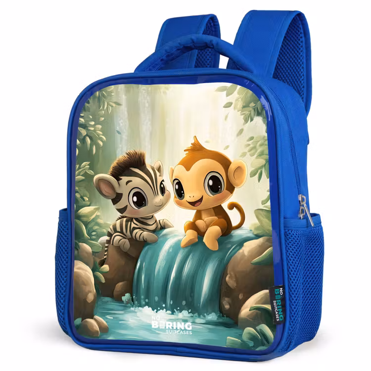 Kids backpack - Blue - Zebra - Monkey - Waterfall - Rocks — 3