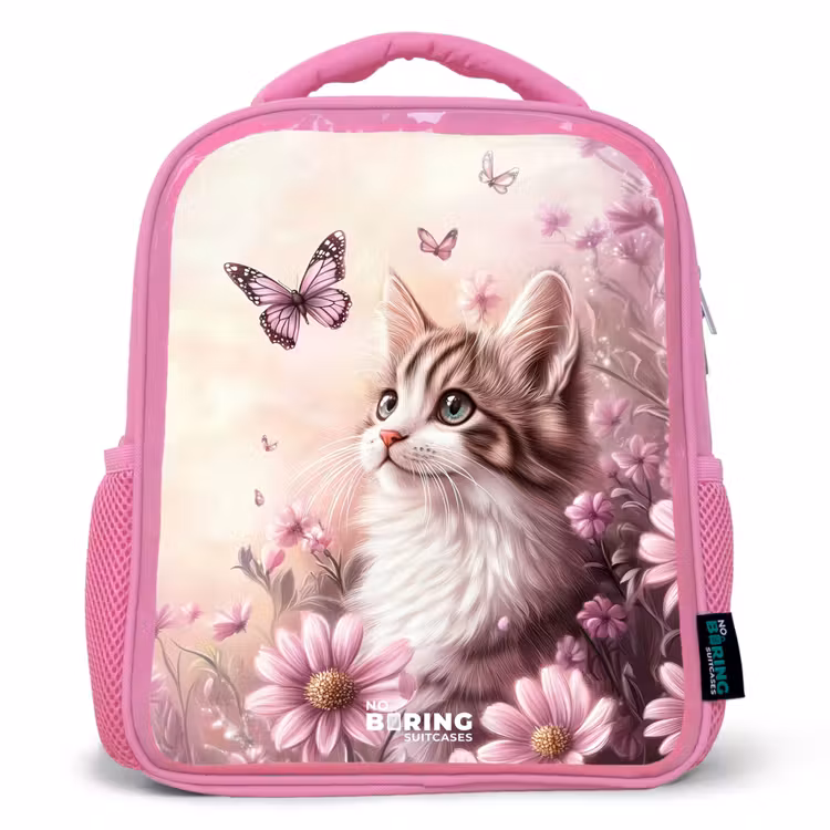 Kids backpack - Pink - Cat - Purple - Butterflies - Flowers — 1