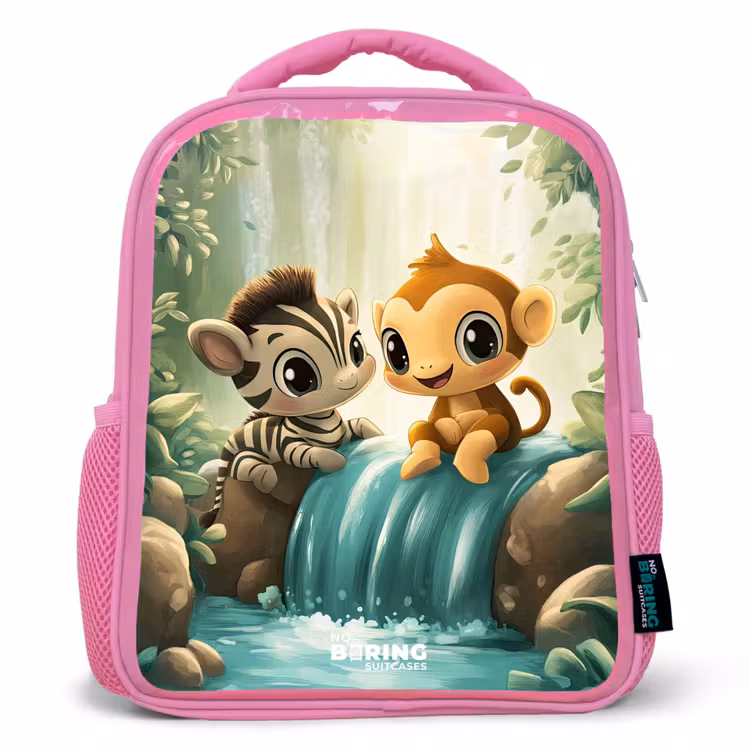 Kids backpack - Pink - Zebra - Monkey - Waterfall - Rocks — 1