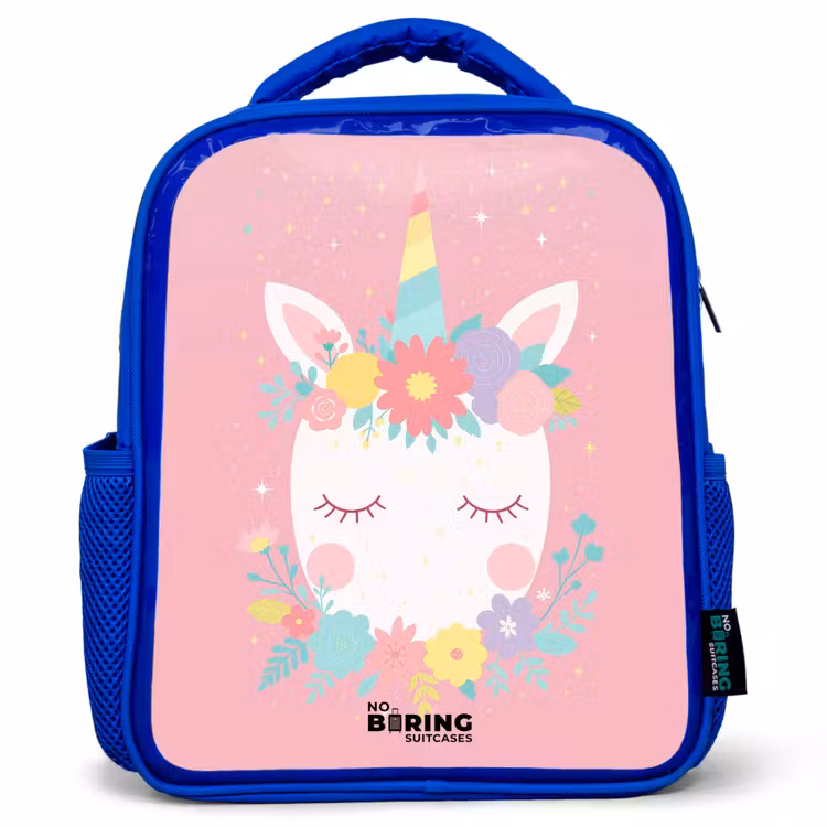 Kids backpack - Blue - Unicorn - Flowers - Pink — 1