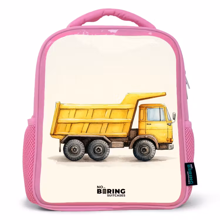 Kids backpack - Pink - Dump truck - Signed - Yellow — 1