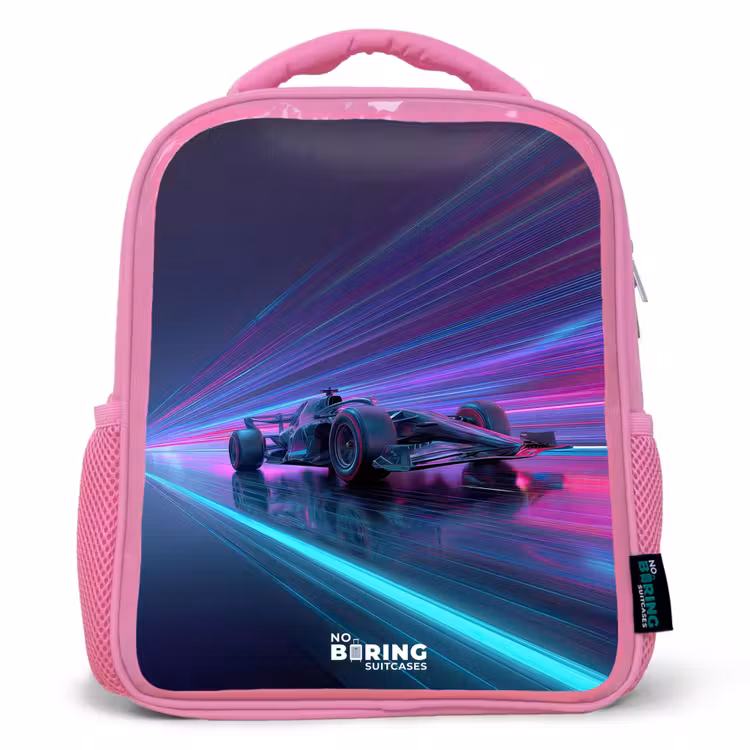 Kids backpack - Pink - Neon - Race car - Light stripes - Purple — 1