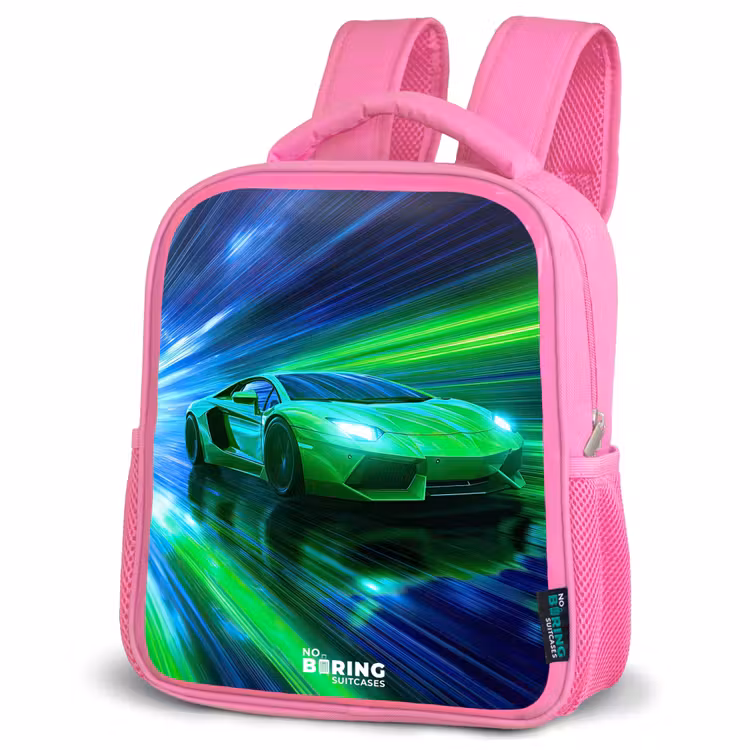 Kids backpack - Pink - Race car - Bright green - Beams of light - Speed — 4