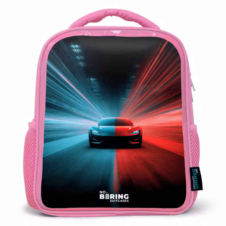 Kids backpack - Pink - Sports car - Beams of light - Neon - Blue — 1