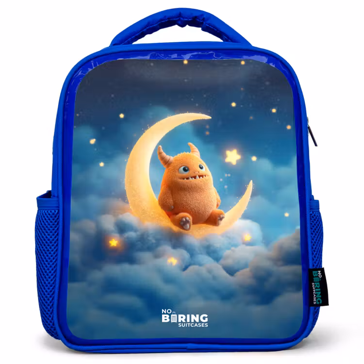 Kids backpack - Blue - Orange monster on crescent moon — 1