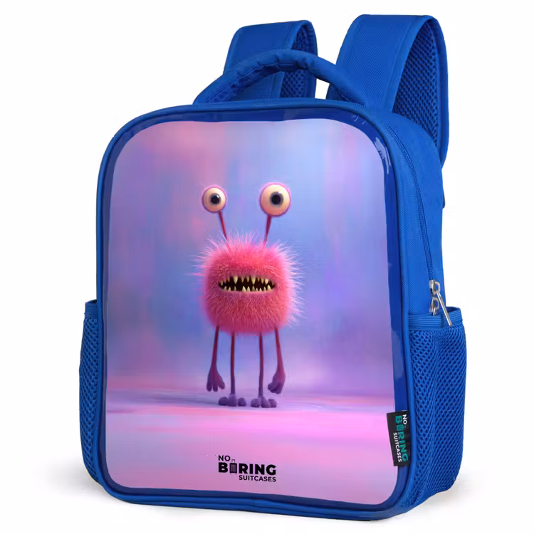 Kids backpack - Blue - Pink furry monster with big eyes — 3