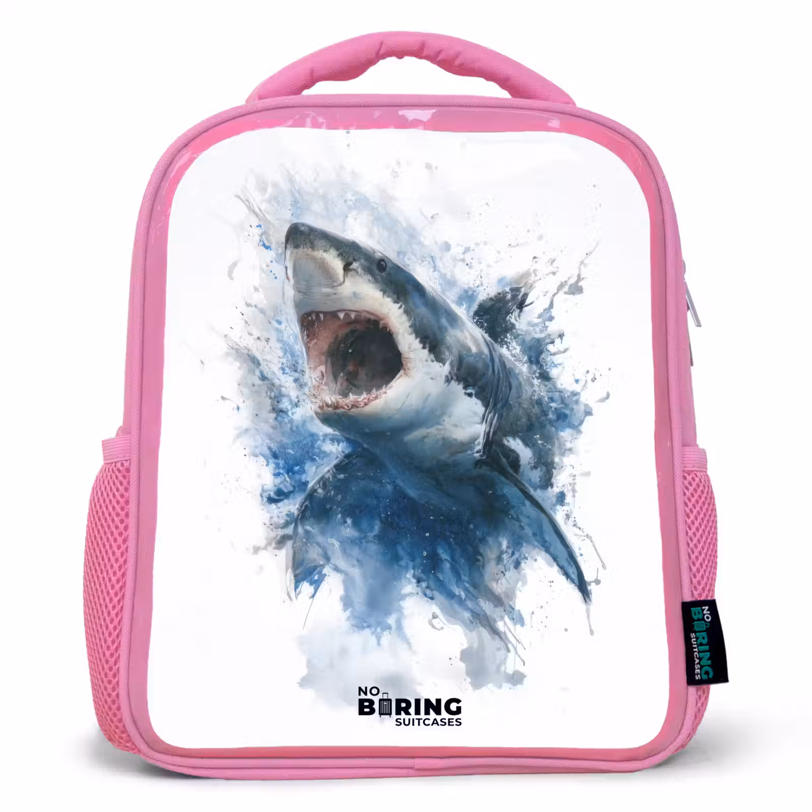 Kids backpack - Pink - Attacking shark in watercolor — 1