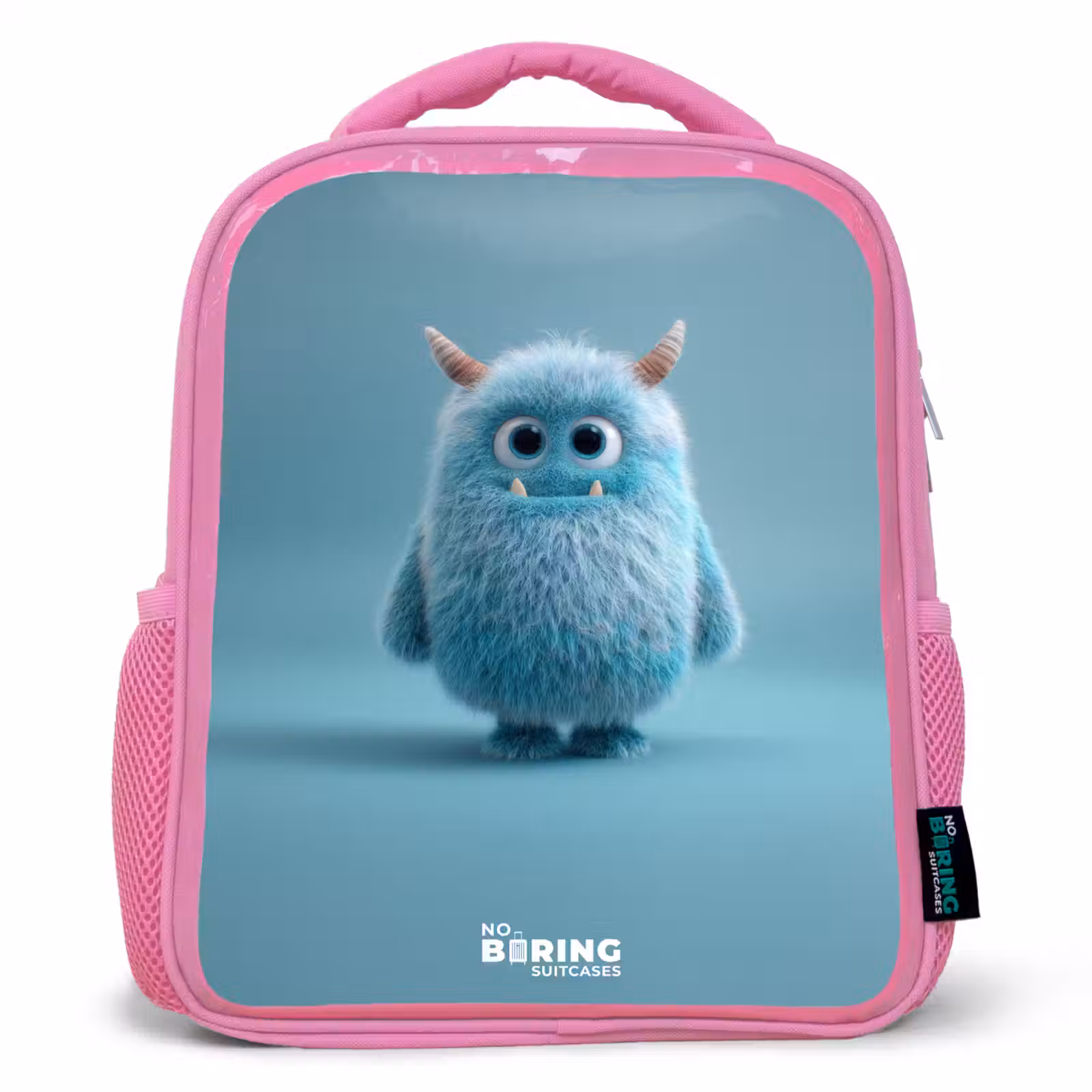 Kids backpack - Pink - Blue fluffy monster with horns — 1