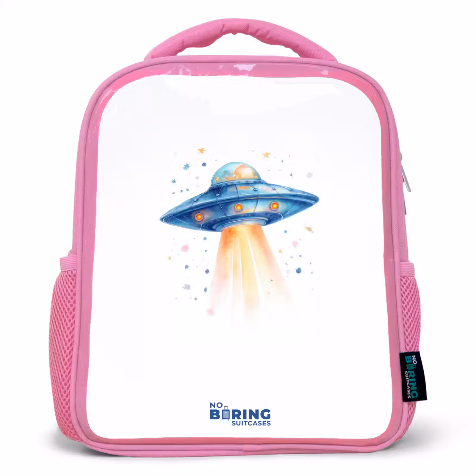 Kids backpack - Pink - Blue spaceship with beam of light — 1
