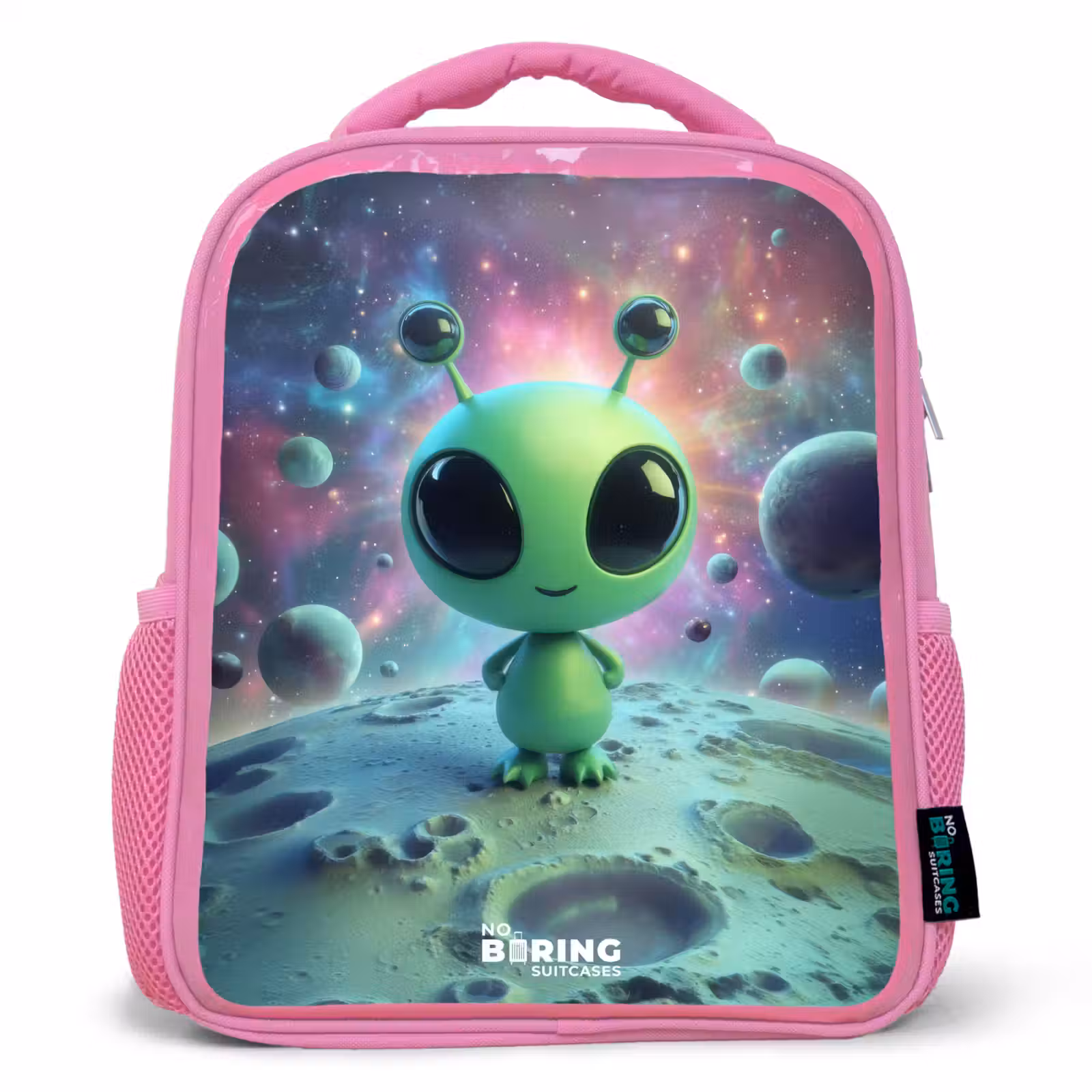 Kids backpack - Pink - Green alien creature on lunar landscape — 1