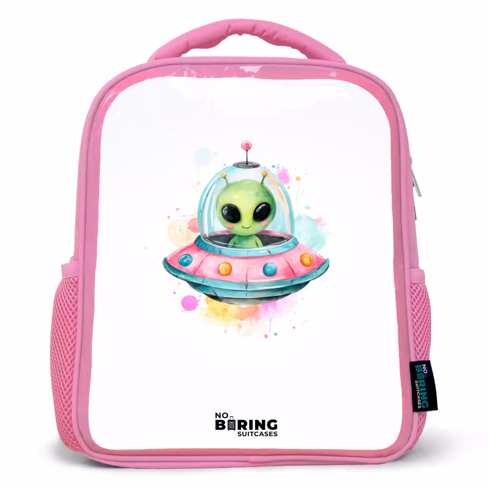 Kids backpack - Pink - Green alien in colorful UFO — 1