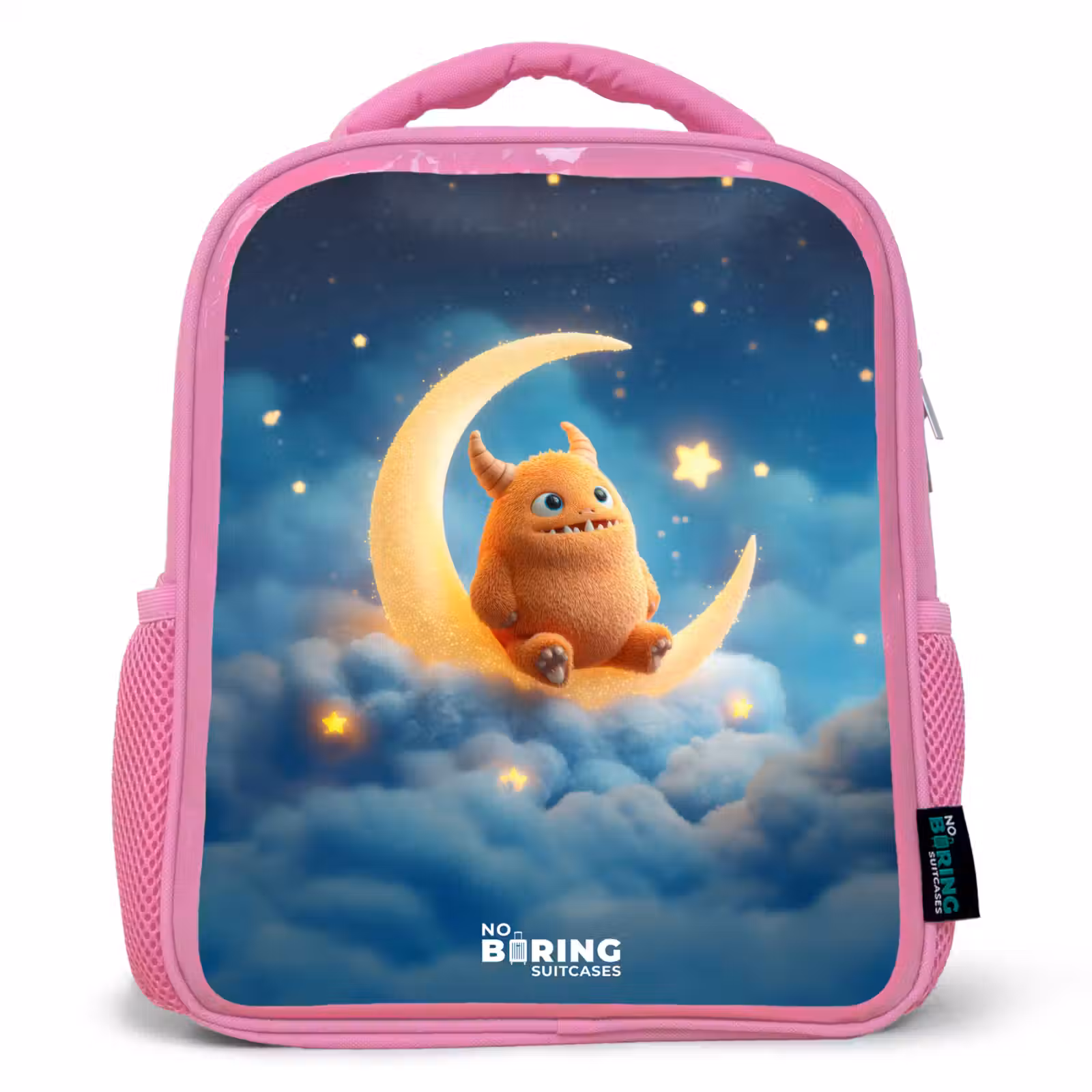 Kids backpack - Pink - Orange monster on crescent moon — 1