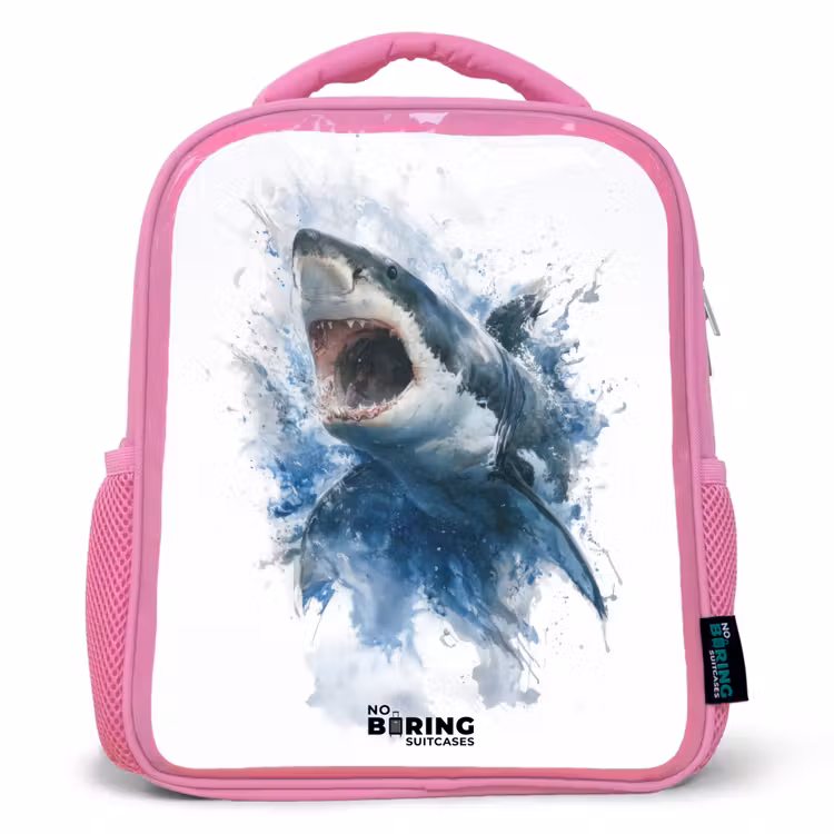 Kids backpack - Pink - Attacking shark in watercolor — 1