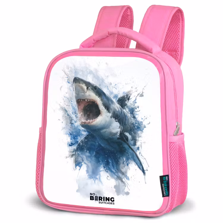 Kids backpack - Pink - Attacking shark in watercolor — 4