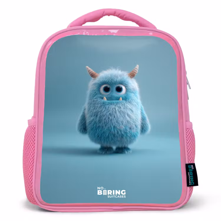 Kids backpack - Pink - Blue fluffy monster with horns — 1