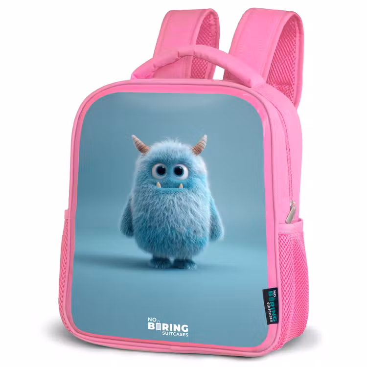 Kids backpack - Pink - Blue fluffy monster with horns — 4