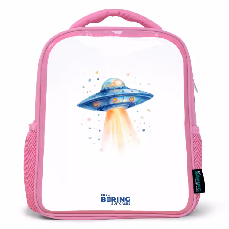 Kids backpack - Pink - Blue spaceship with beam of light — 1