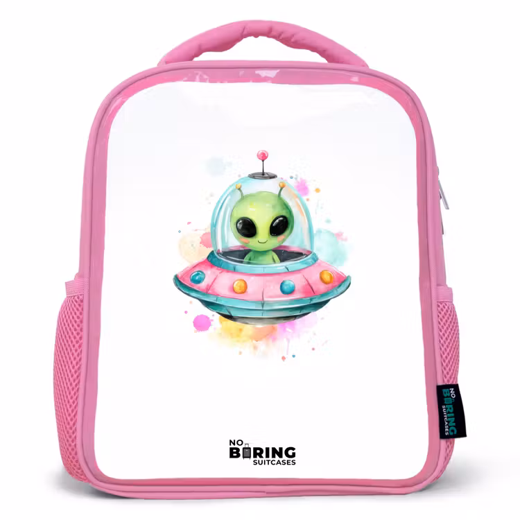 Kids backpack - Pink - Green alien in colorful UFO — 1
