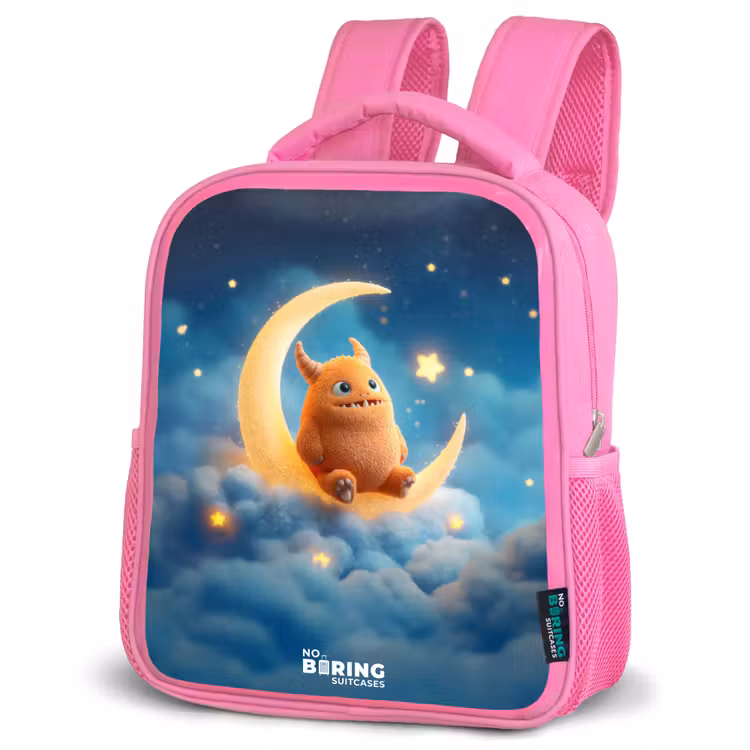 Kids backpack - Pink - Orange monster on crescent moon — 4