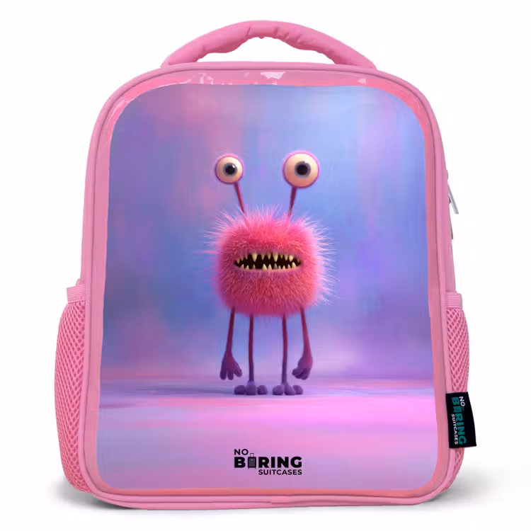Kids backpack - Pink - Pink furry monster with big eyes — 1