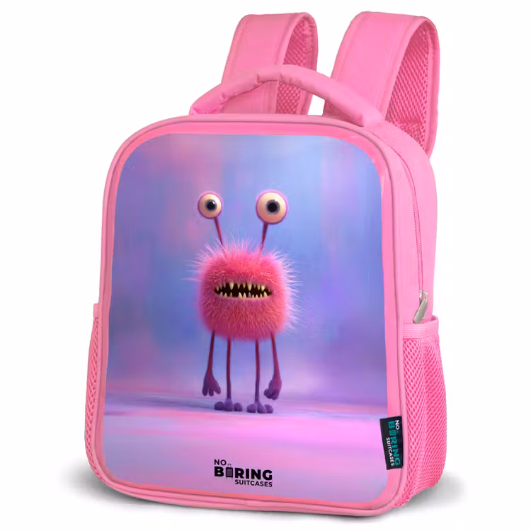 Kids backpack - Pink - Pink furry monster with big eyes — 4